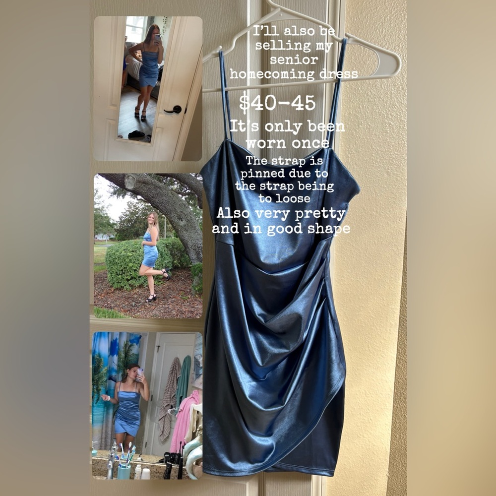 Selling senior homecoming dress. Been worn once. Color is blue metallic